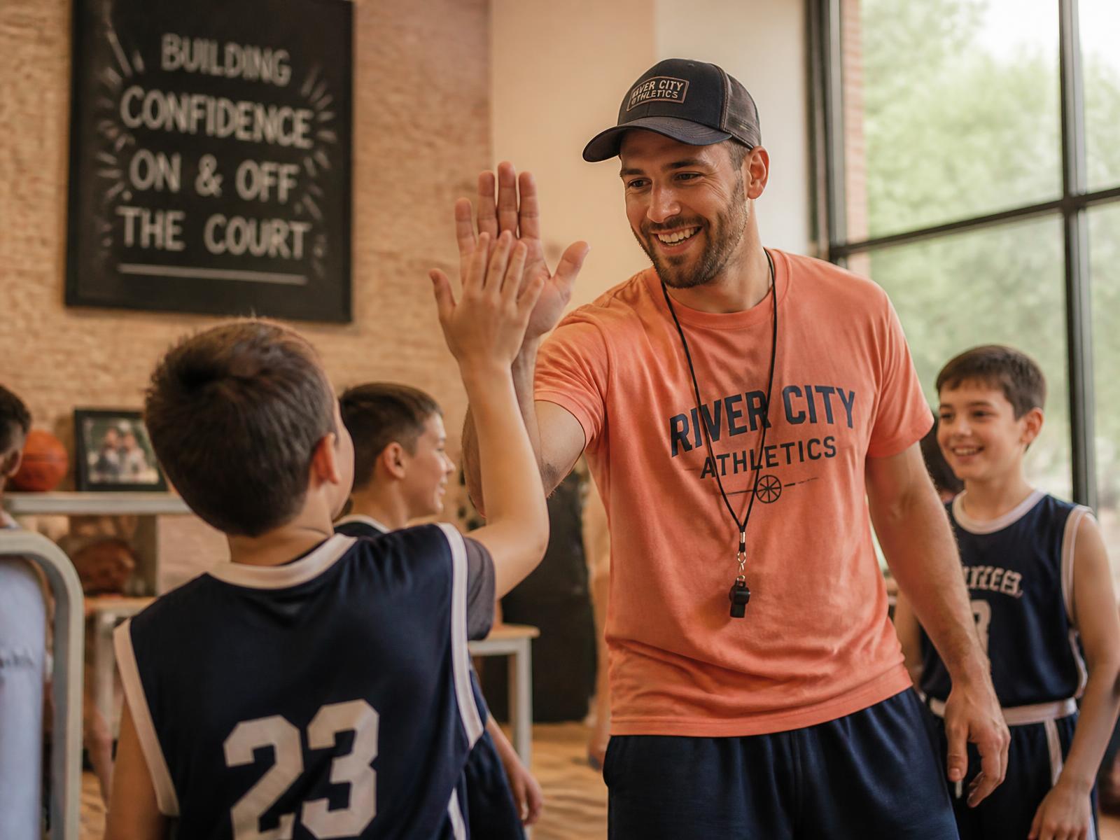 A coach celebrating with kids after a class